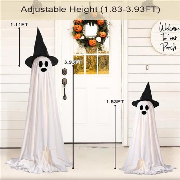 2 Pack Large Light-Up Spooky Ghosts with 8 Mode LED Light and 2 Witch Hats - Picture 2 of 7